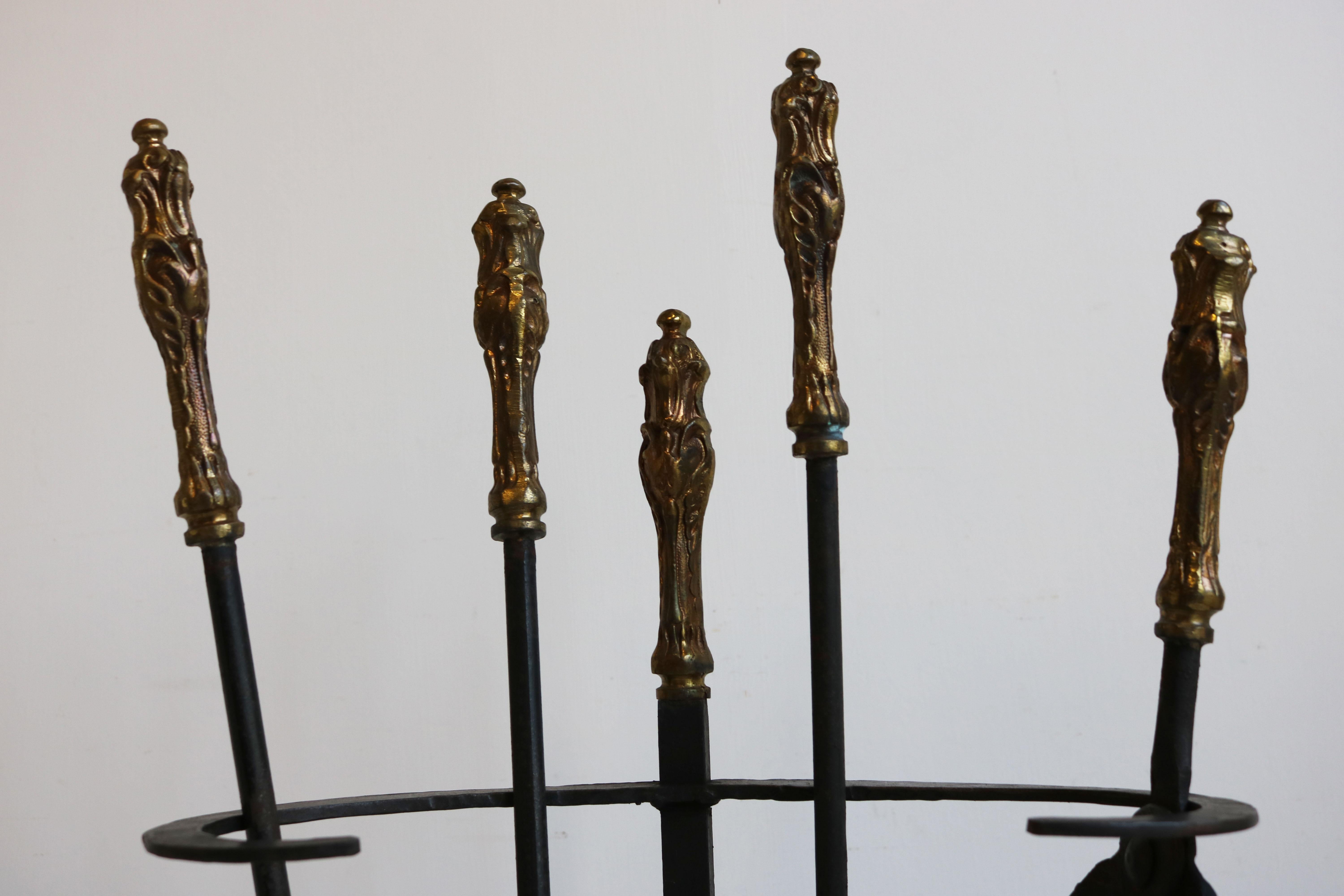 Hand-Crafted Antique French Renaissance Fireplace Tools Set Brass Wrought Iron 19th Century