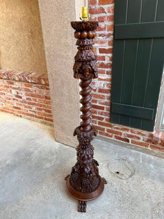 Antique French Renaissance Floor Lamp Light Carved Oak Barley Twist Baluster