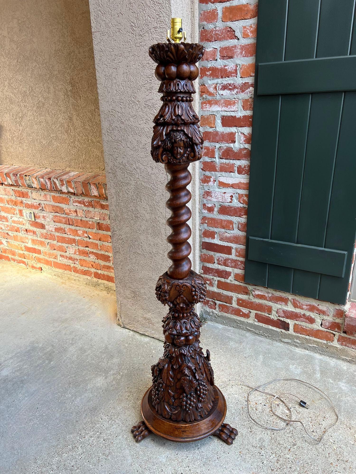 Hand-Carved Antique French Renaissance Floor Lamp Light Carved Oak Barley Twist Baluster For Sale