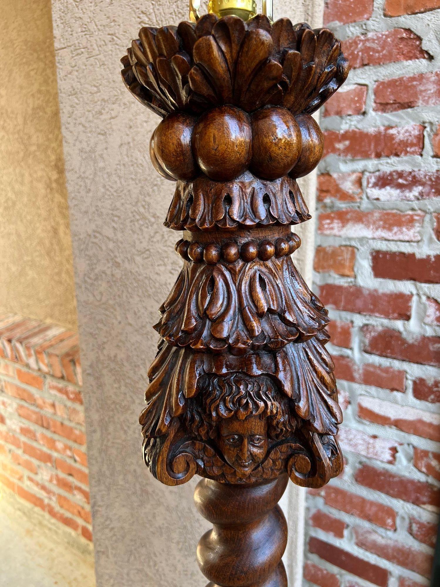 19th Century Antique French Renaissance Floor Lamp Light Carved Oak Barley Twist Baluster For Sale