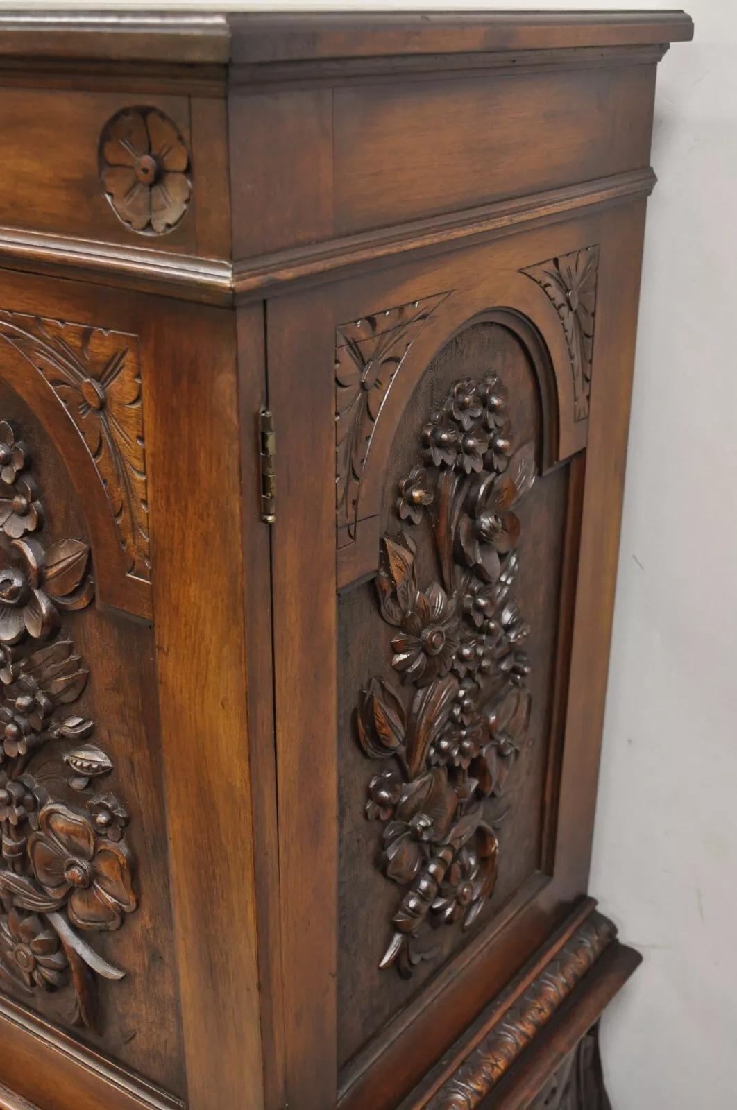 Antique French Renaissance Flower Carved Walnut China Cabinet Radio Bar Cabinet For Sale 8
