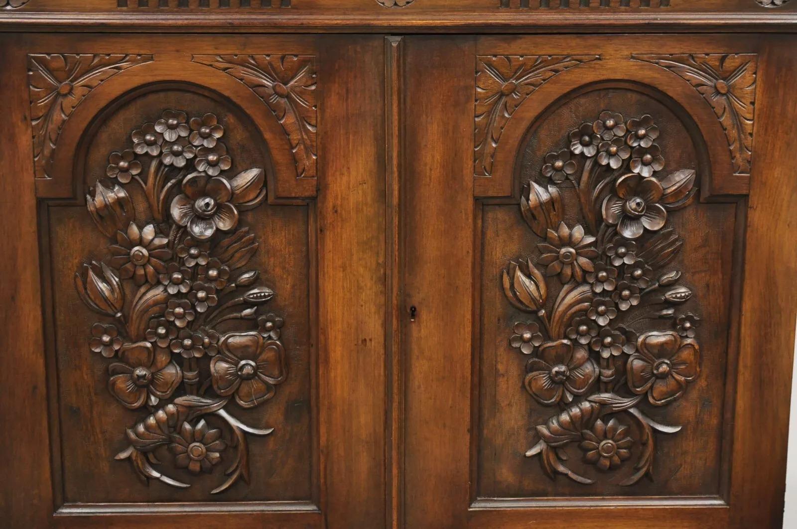 Unknown Antique French Renaissance Flower Carved Walnut China Cabinet Radio Bar Cabinet For Sale