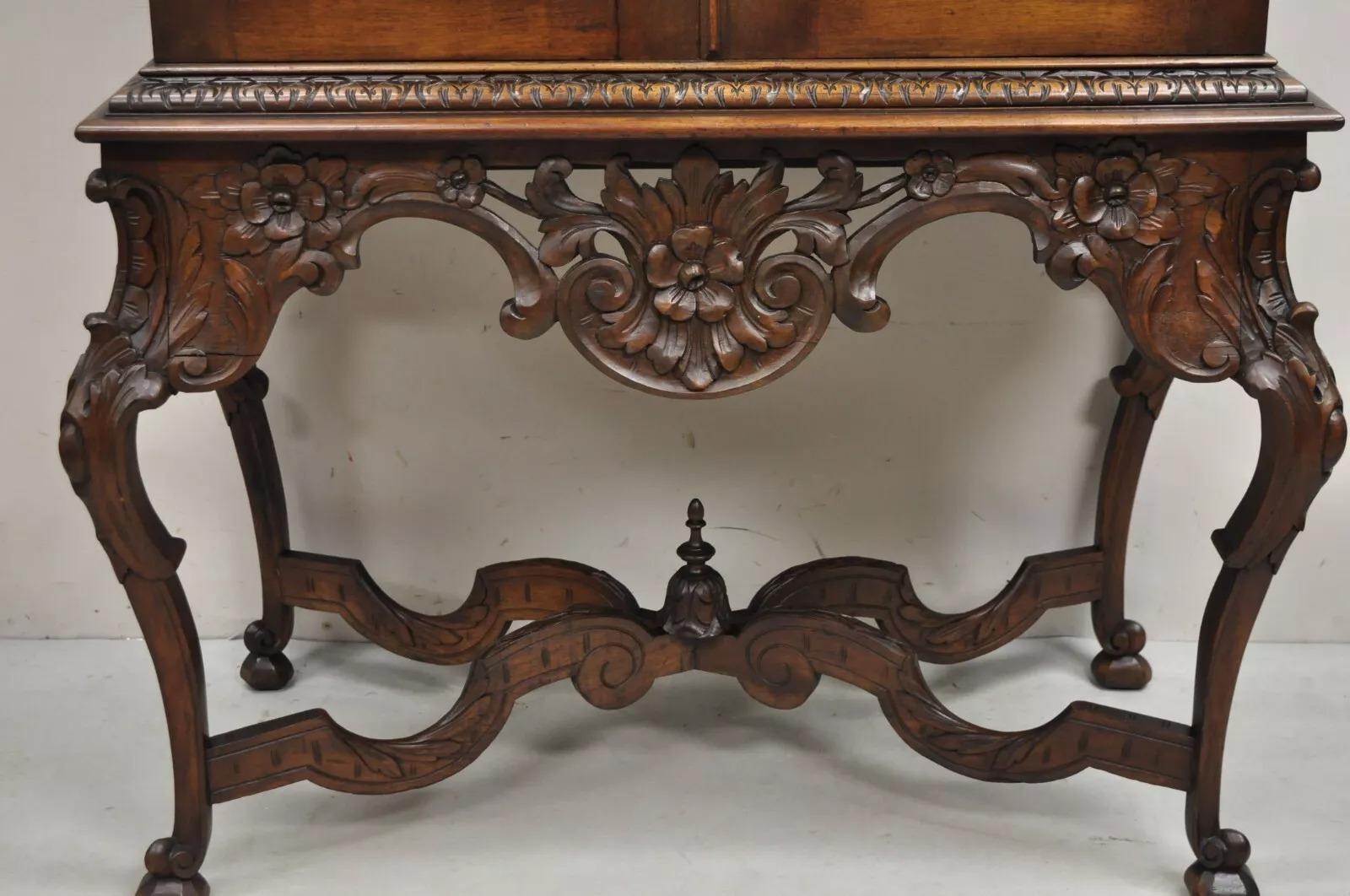 20th Century Antique French Renaissance Flower Carved Walnut China Cabinet Radio Bar Cabinet For Sale