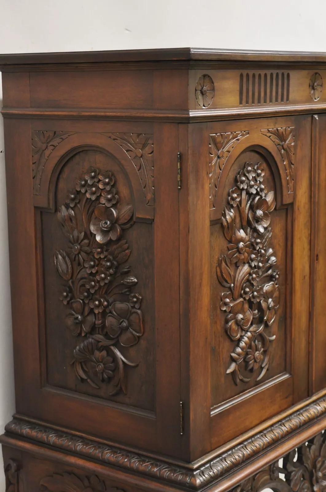Antique French Renaissance Flower Carved Walnut China Cabinet Radio Bar Cabinet For Sale 1