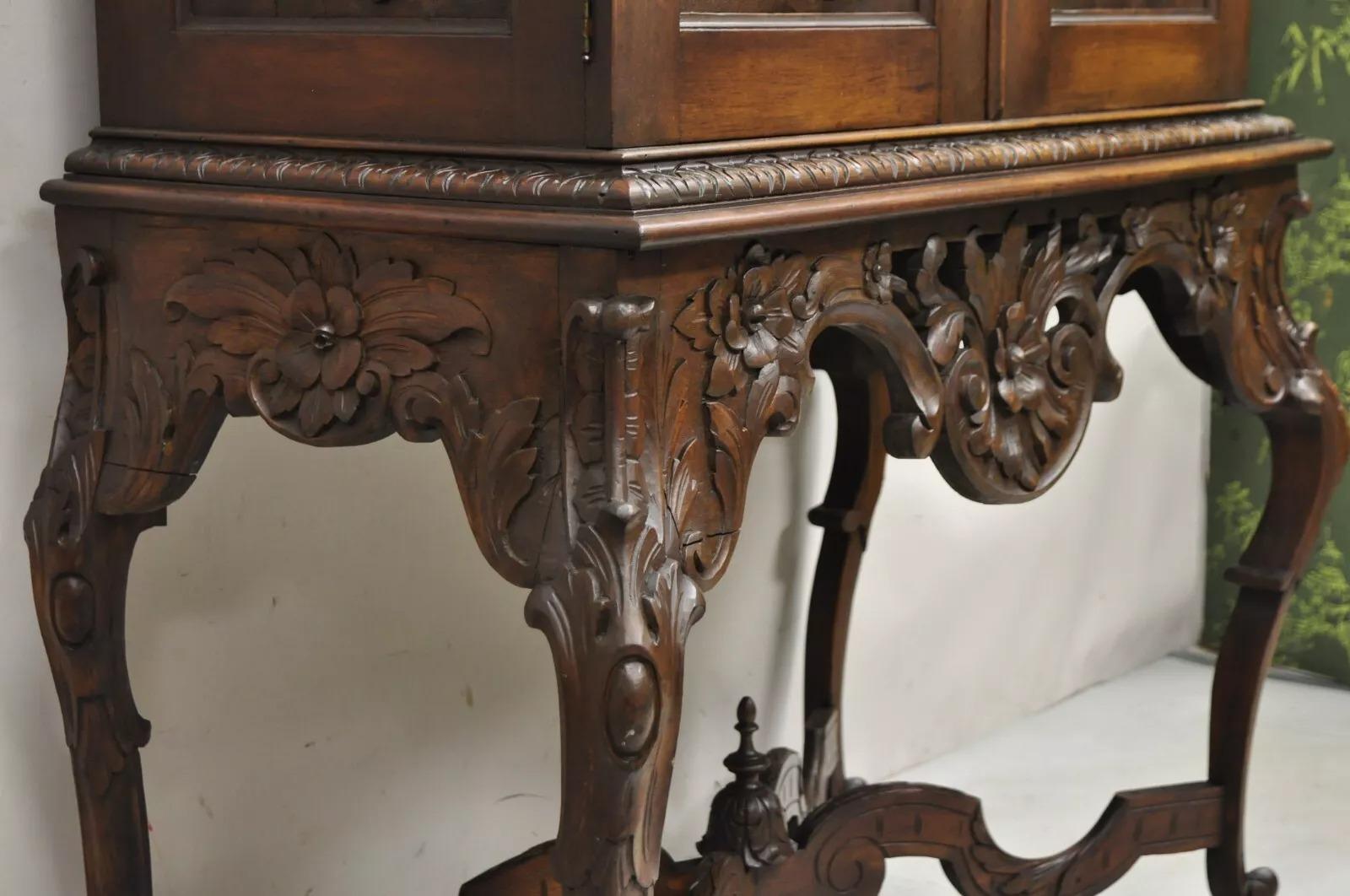 Antique French Renaissance Flower Carved Walnut China Cabinet Radio Bar Cabinet For Sale 2