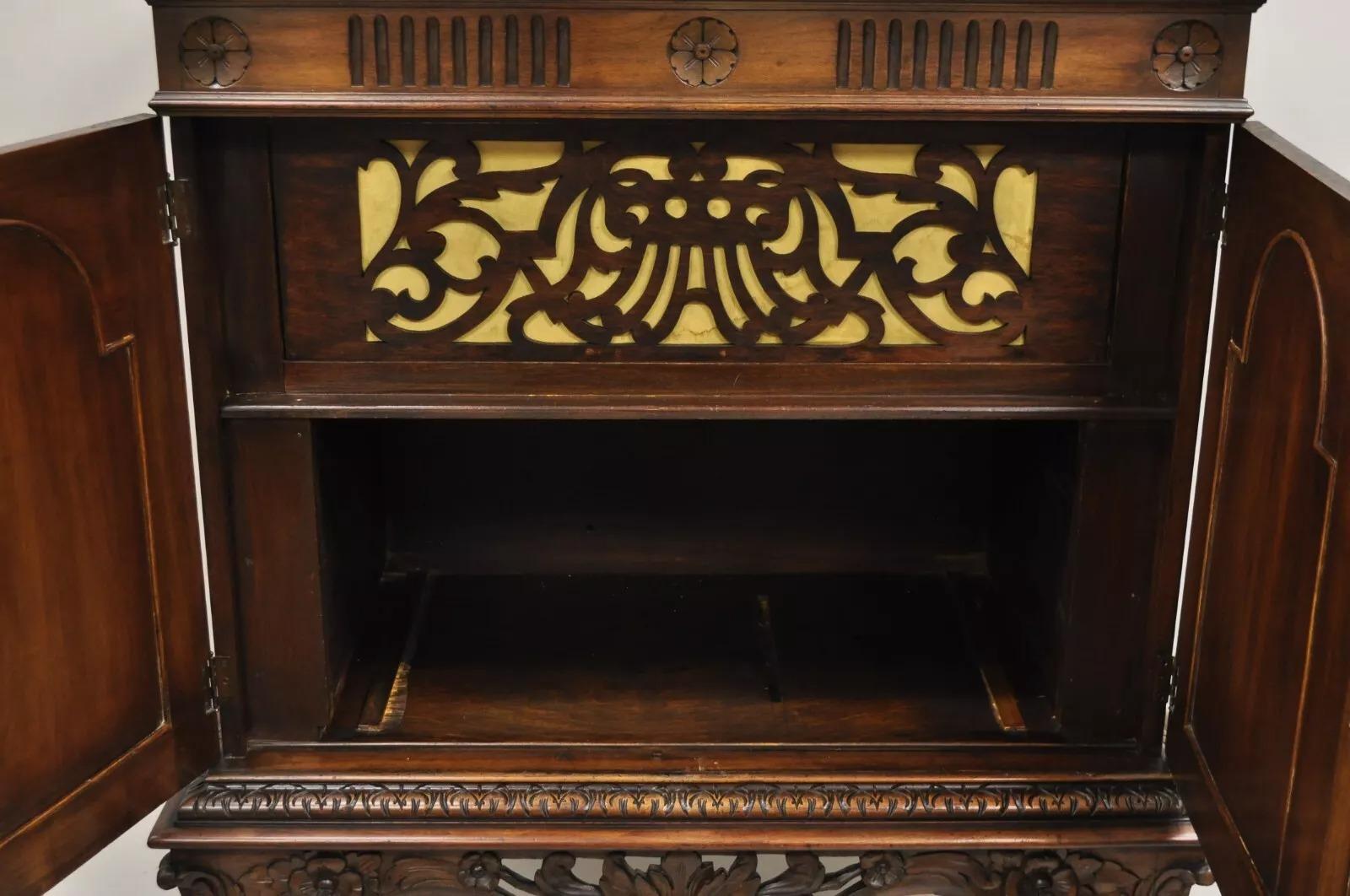 Antique French Renaissance Flower Carved Walnut China Cabinet Radio Bar Cabinet For Sale 3