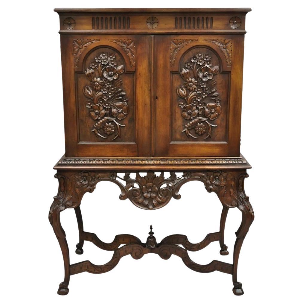 Antique French Renaissance Flower Carved Walnut China Cabinet Radio Bar Cabinet For Sale