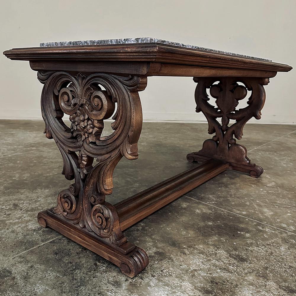 Antique French Renaissance Fruitwood Granite Top Coffee Table For Sale 3