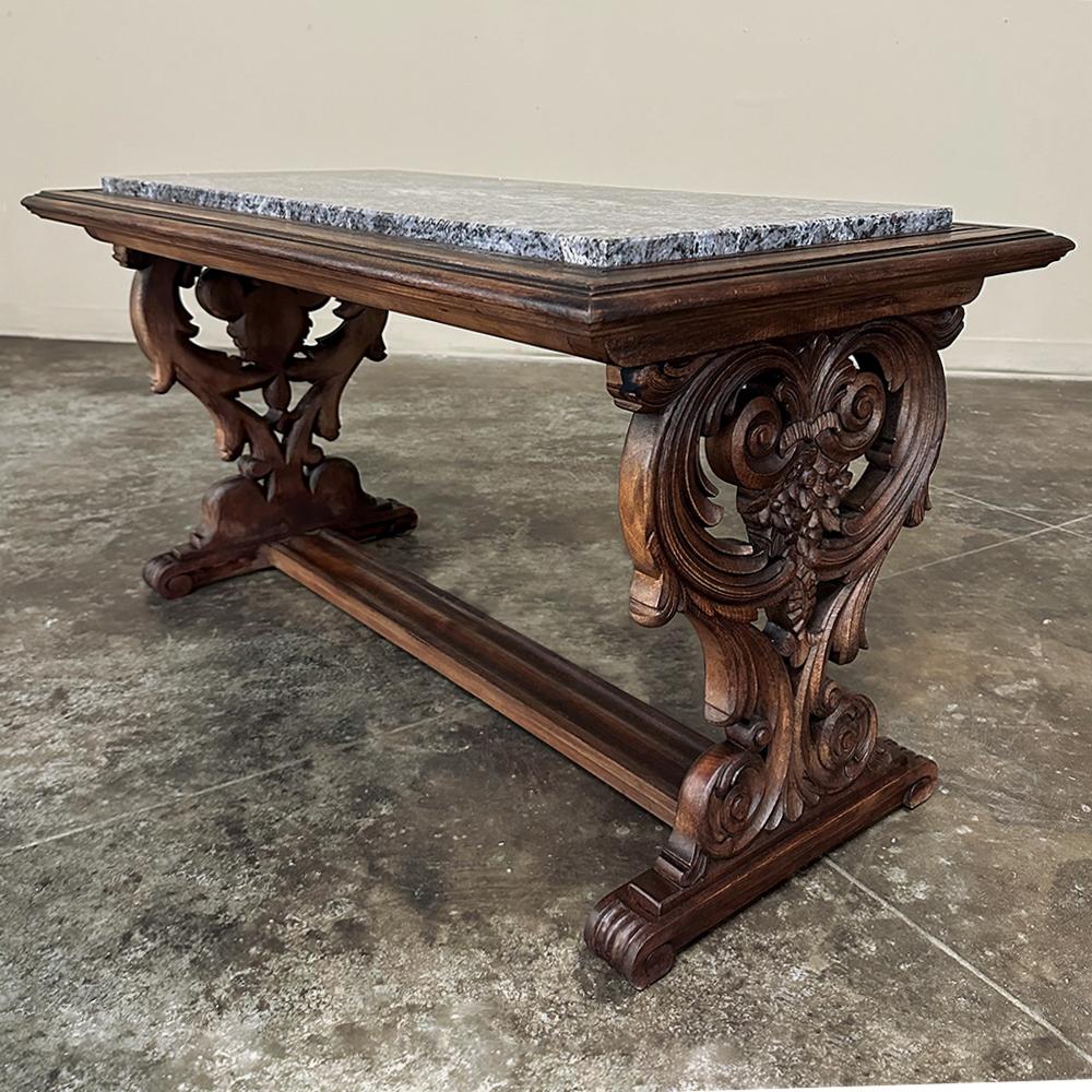 Antique French Renaissance Fruitwood Granite Top Coffee Table For Sale 4