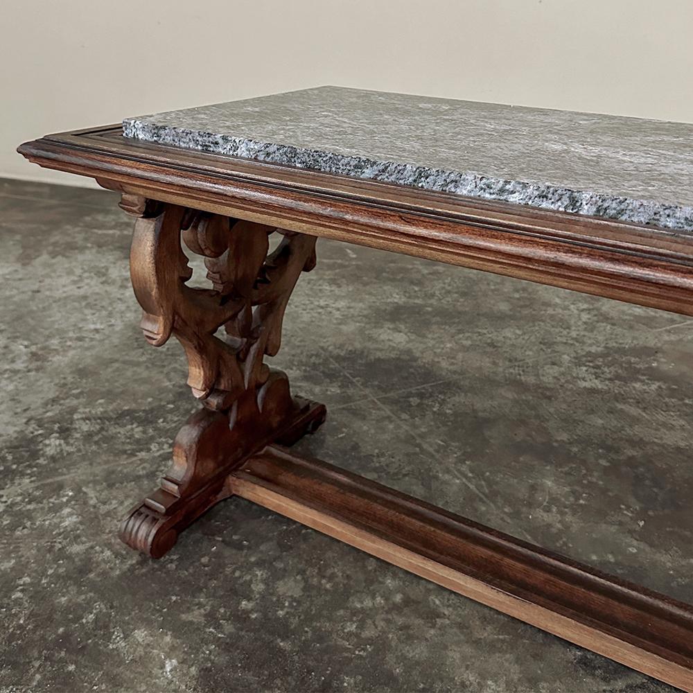 Antique French Renaissance Fruitwood Granite Top Coffee Table For Sale 5