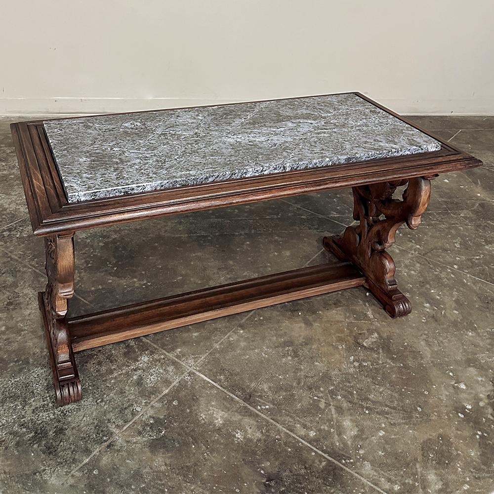 Antique French Renaissance Fruitwood Granite Top Coffee Table For Sale 7