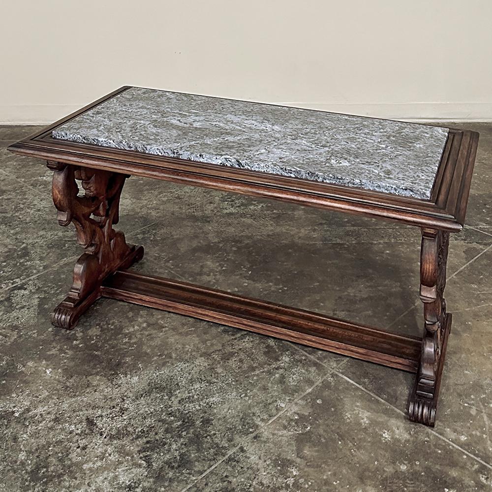 Hand-Carved Antique French Renaissance Fruitwood Granite Top Coffee Table For Sale
