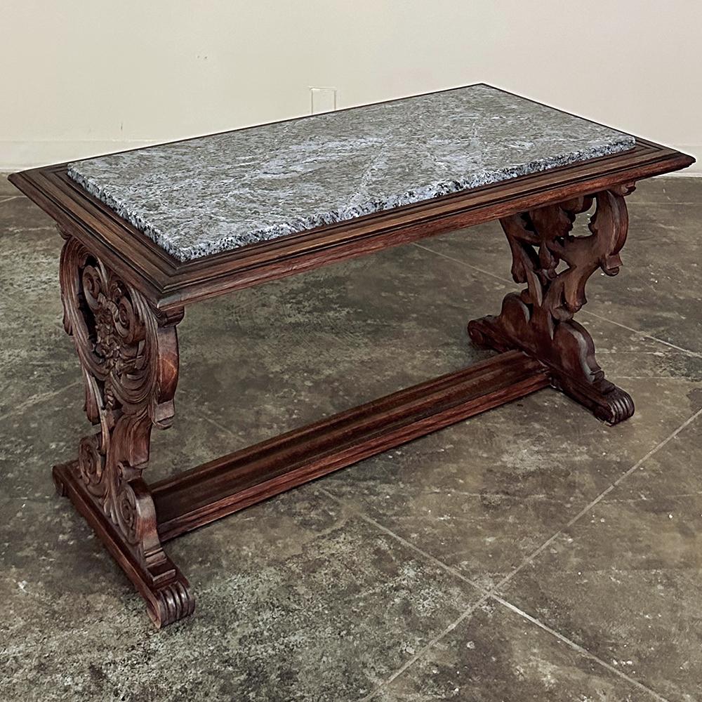 Antique French Renaissance Fruitwood Granite Top Coffee Table In Good Condition For Sale In Dallas, TX