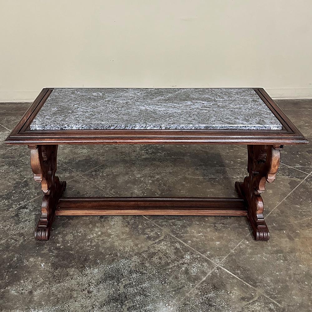 20th Century Antique French Renaissance Fruitwood Granite Top Coffee Table For Sale