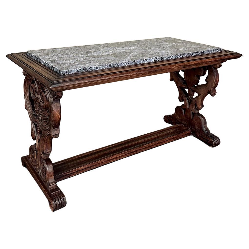 Antique French Renaissance Fruitwood Granite Top Coffee Table For Sale