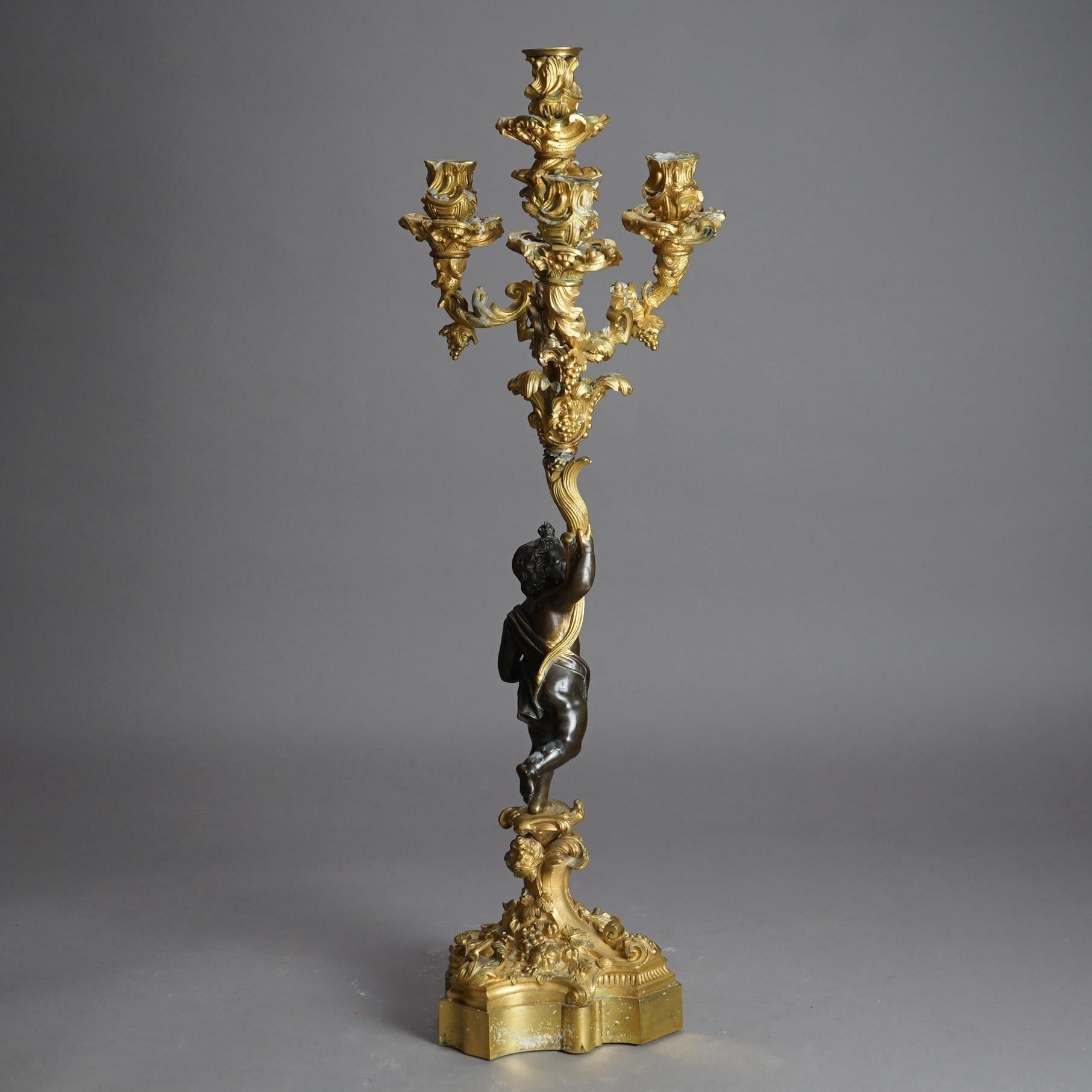 Antique French Renaissance Gilt Bronze Figural Cherub & Foliate Candelabra C1870 For Sale 5
