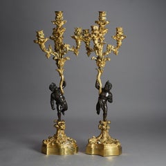 Antique French Renaissance Gilt Bronze Figural Cherub & Foliate Candelabra C1870