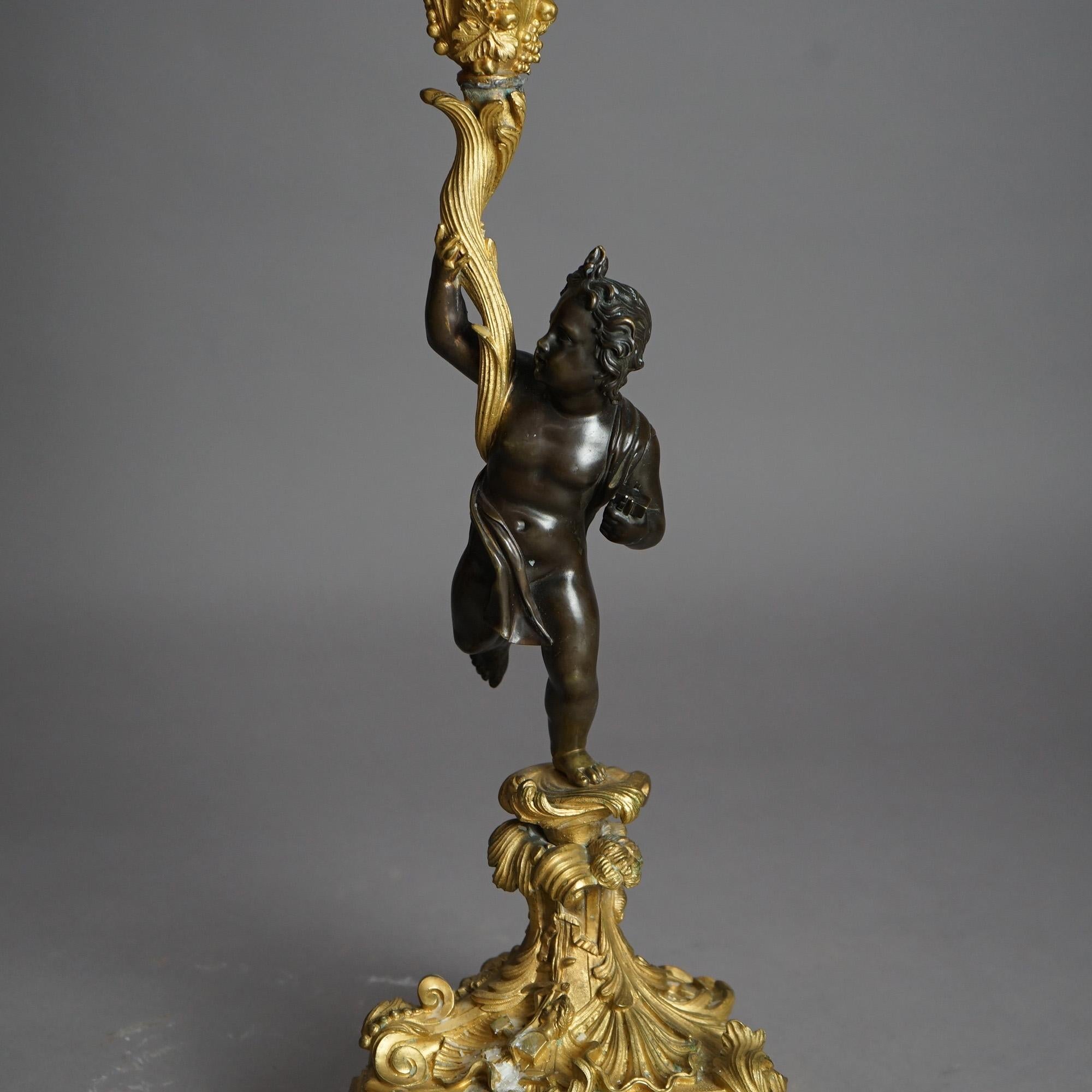 Antique French Renaissance Gilt Bronze Figural Cherub & Foliate Candelabra C1870 In Good Condition For Sale In Big Flats, NY