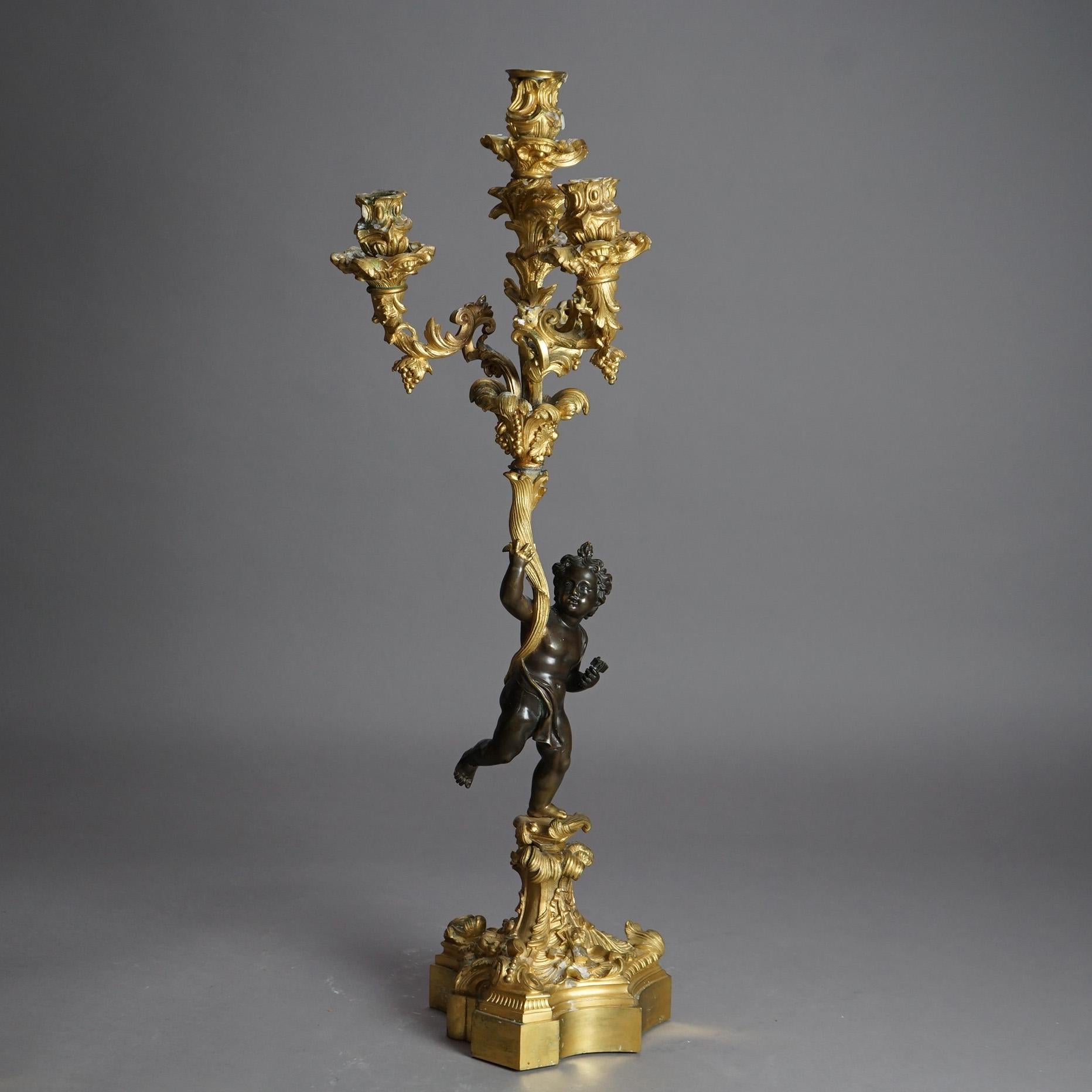 Antique French Renaissance Gilt Bronze Figural Cherub & Foliate Candelabra C1870 For Sale 1