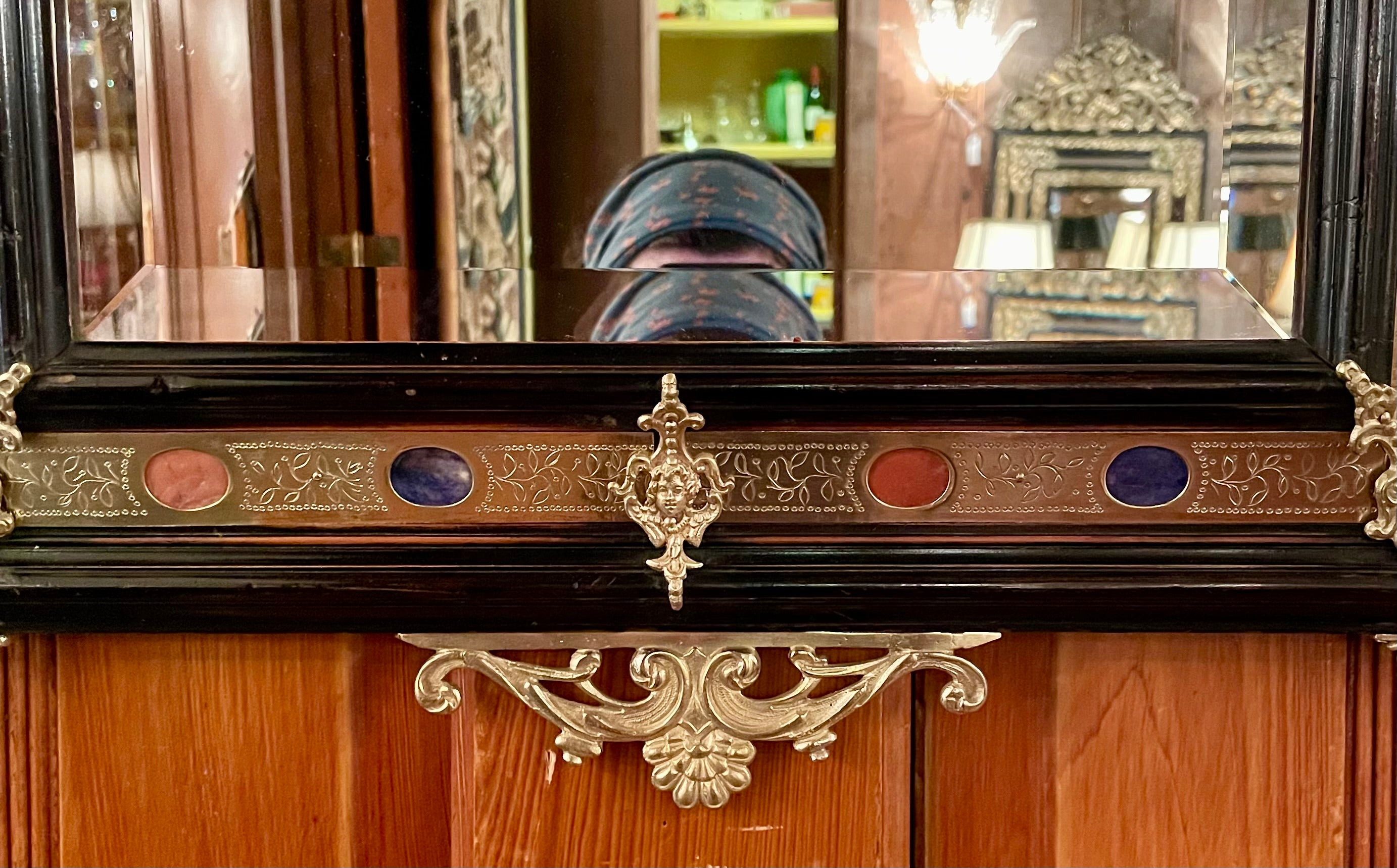 Rinascimento Antique French Renaissance Gold Bronze & Ebonized Wood Inlaid Mirror, Circa 1890 in vendita