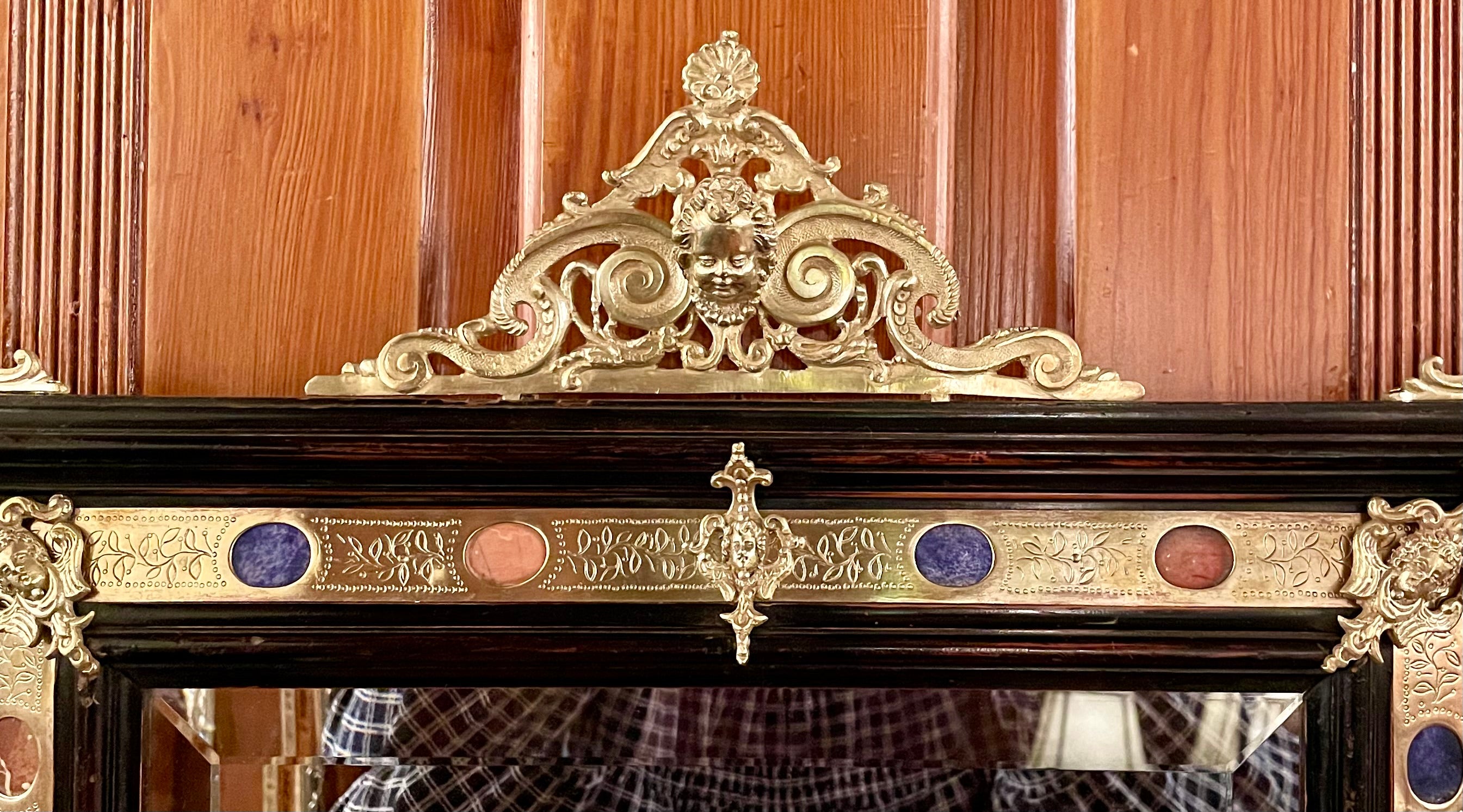Francese Antique French Renaissance Gold Bronze & Ebonized Wood Inlaid Mirror, Circa 1890 in vendita