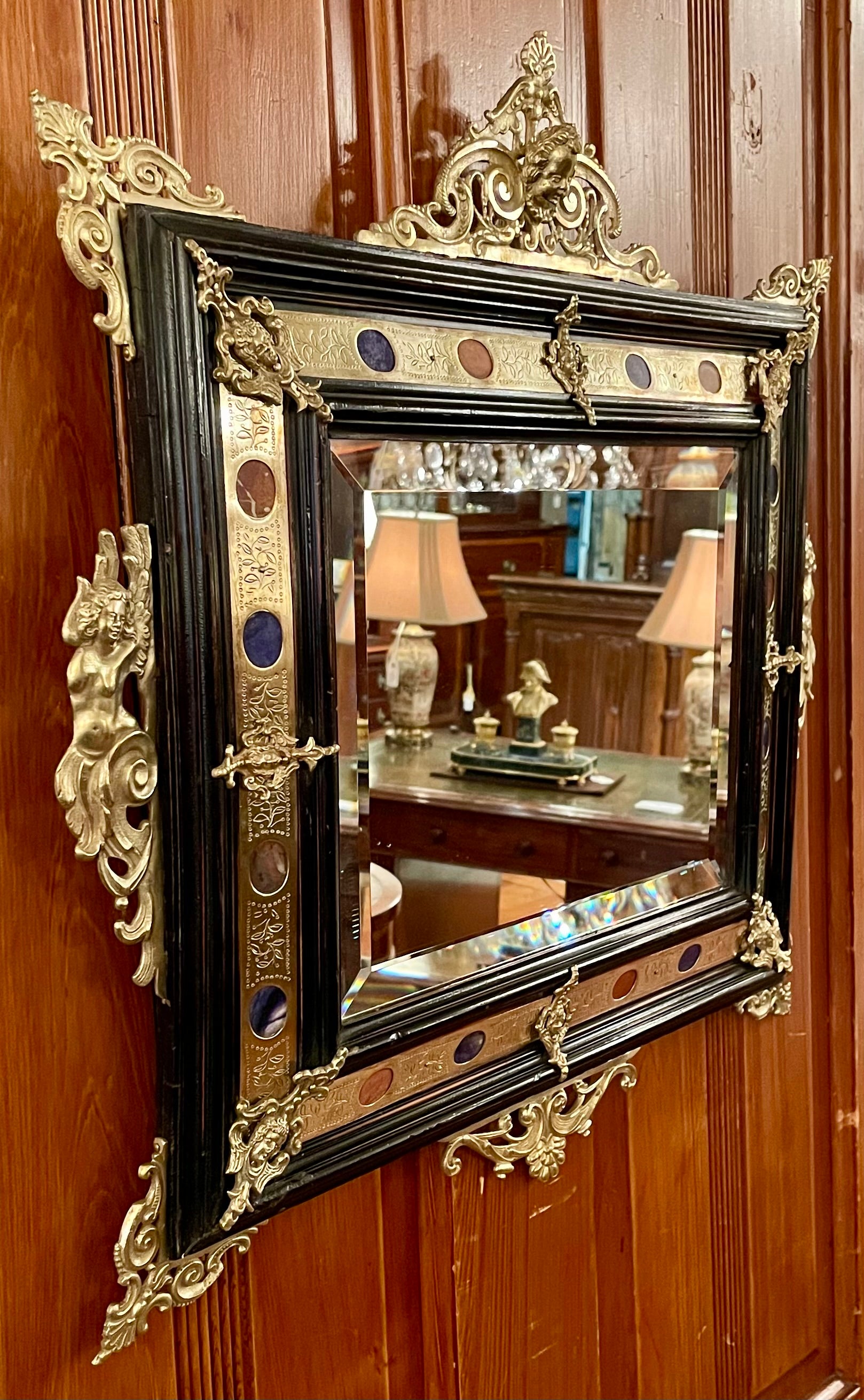 Ebanizzato Antique French Renaissance Gold Bronze & Ebonized Wood Inlaid Mirror, Circa 1890 in vendita