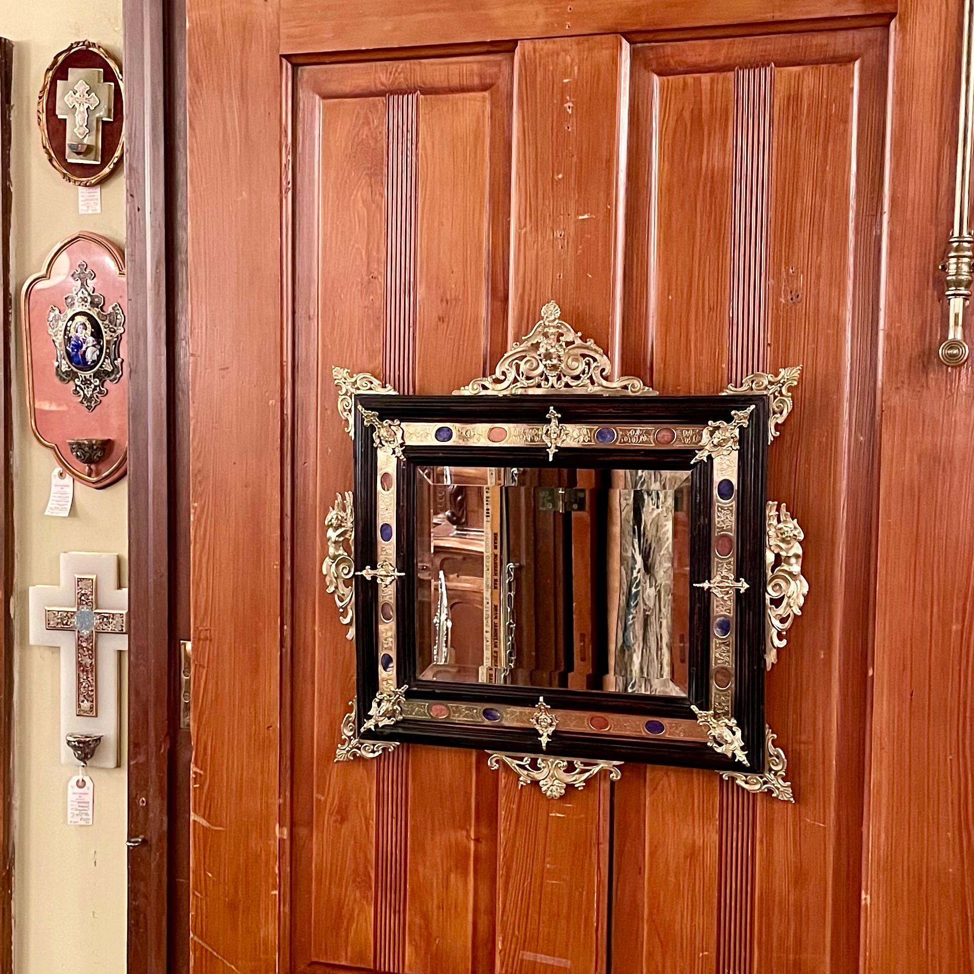 Antique French Renaissance Gold Bronze & Ebonized Wood Inlaid Mirror, Circa 1890 In condizioni buone in vendita a New Orleans, LA