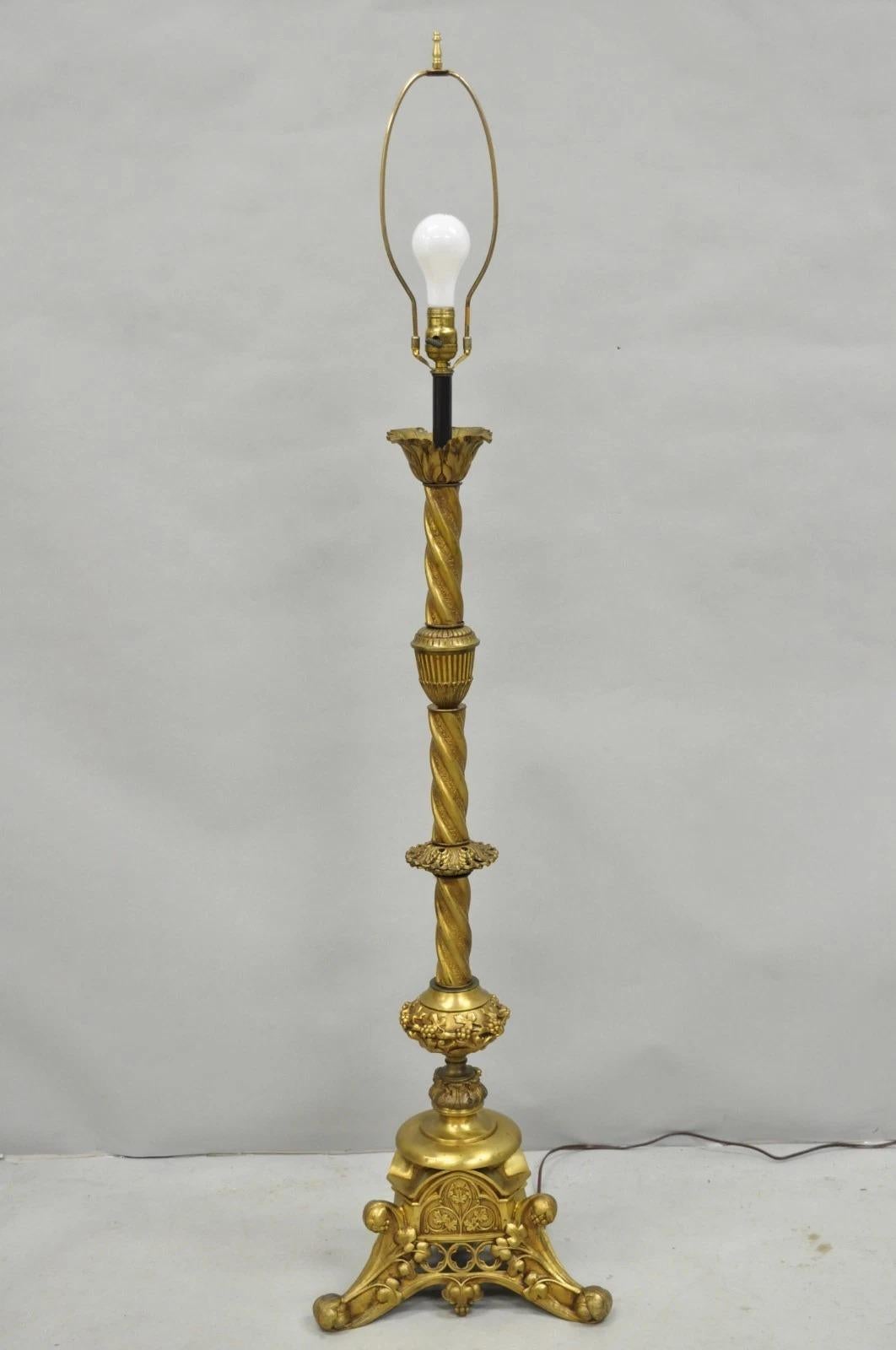 Antique French Renaissance Gothic Brass Metal Gold Candlestick Floor Lamp For Sale 7