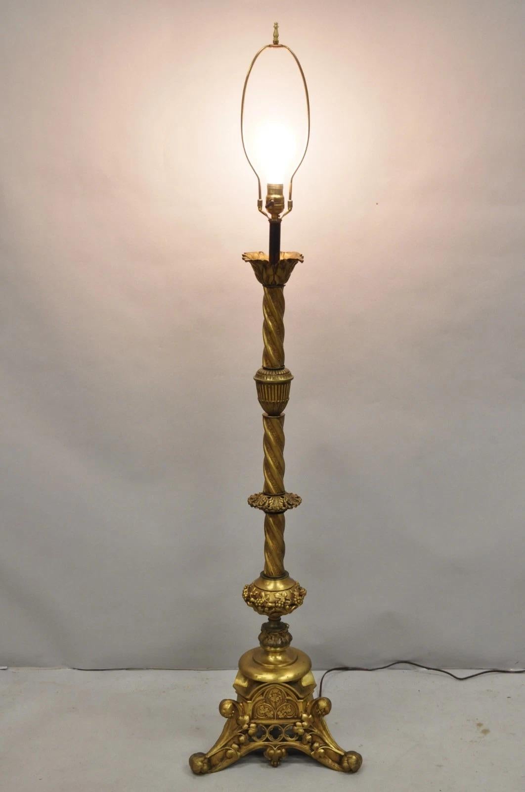 Please message us with your zip code to request a more reasonable domestic U.S. shipping quote.

Antique French Renaissance Gothic Brass Metal Gold Candlestick Tall Floor Lamp. Circa Early 20th Century. Measurements: 60.5