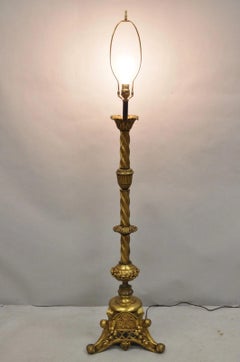 Antique French Renaissance Gothic Brass Metal Gold Candlestick Floor Lamp