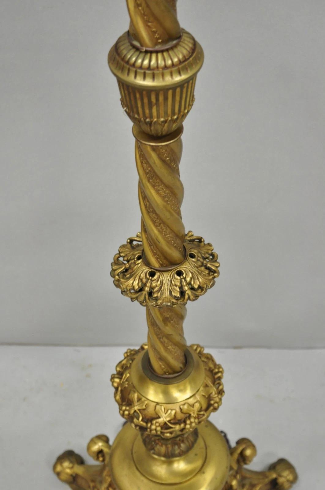 Antique French Renaissance Gothic Brass Metal Gold Candlestick Floor Lamp In Good Condition For Sale In Philadelphia, PA