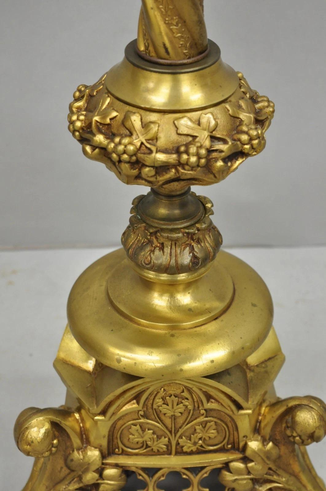 Antique French Renaissance Gothic Brass Metal Gold Candlestick Floor Lamp For Sale 4