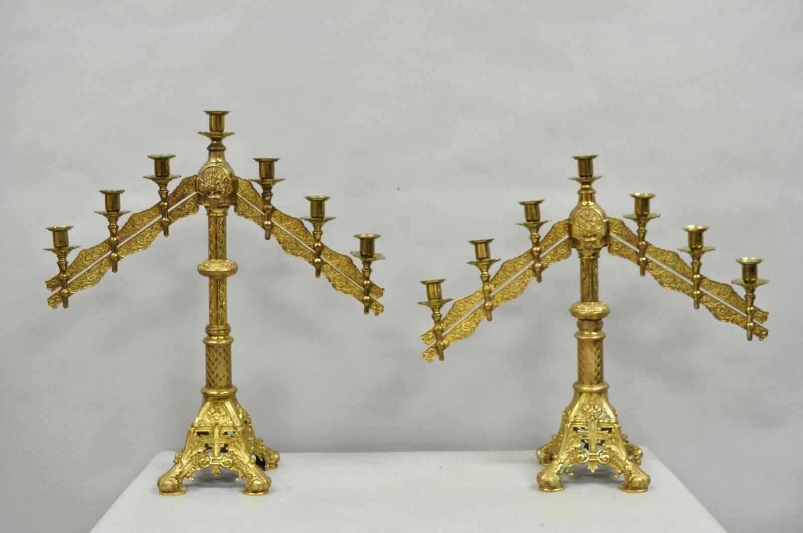 Antique French Renaissance Gothic Bronze 7 Arm Adjustable Candelabras - a Pair For Sale 5