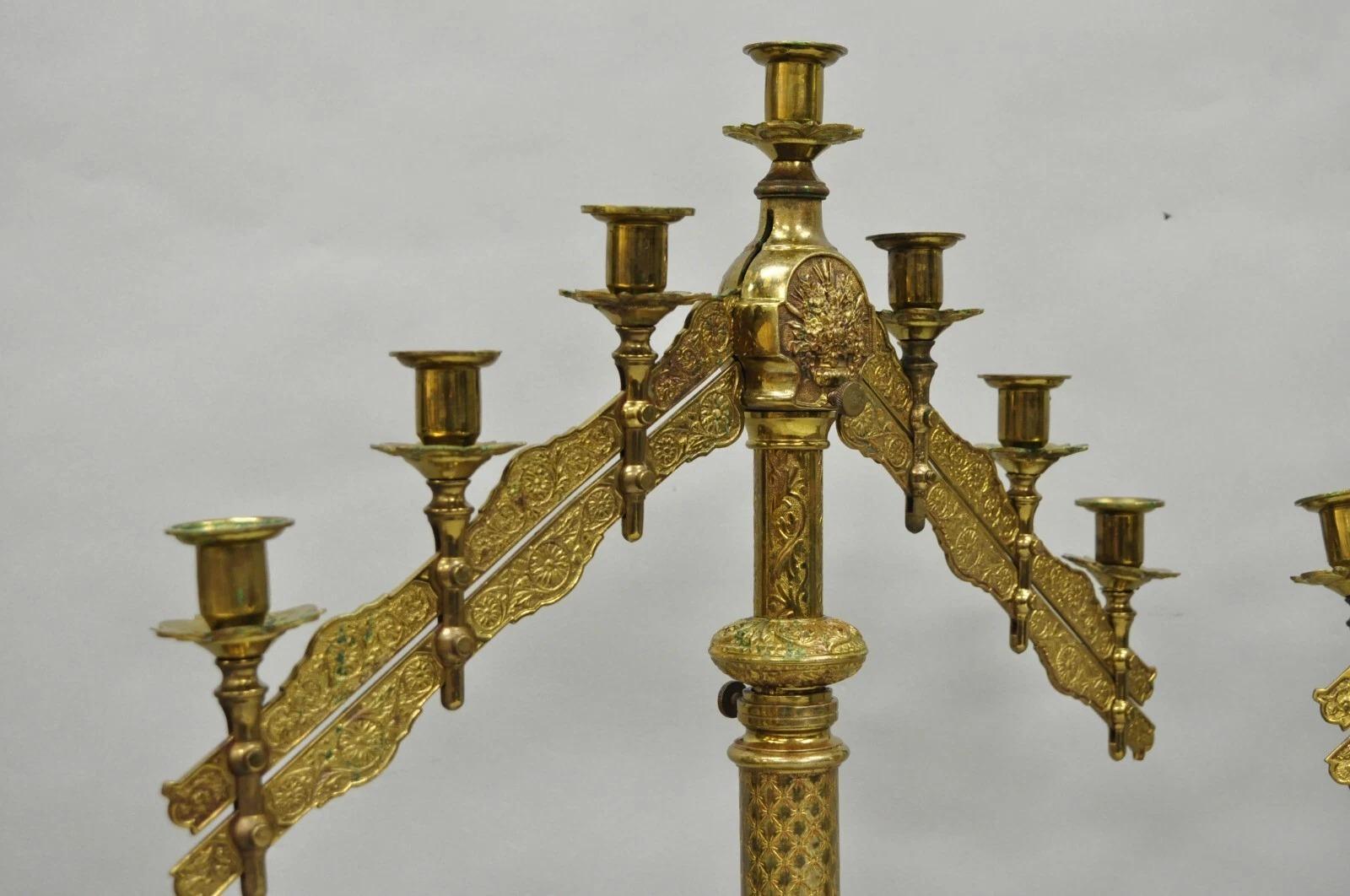 Antique French Renaissance Gothic Bronze 7 Arm Adjustable Candelabras - a Pair For Sale 6