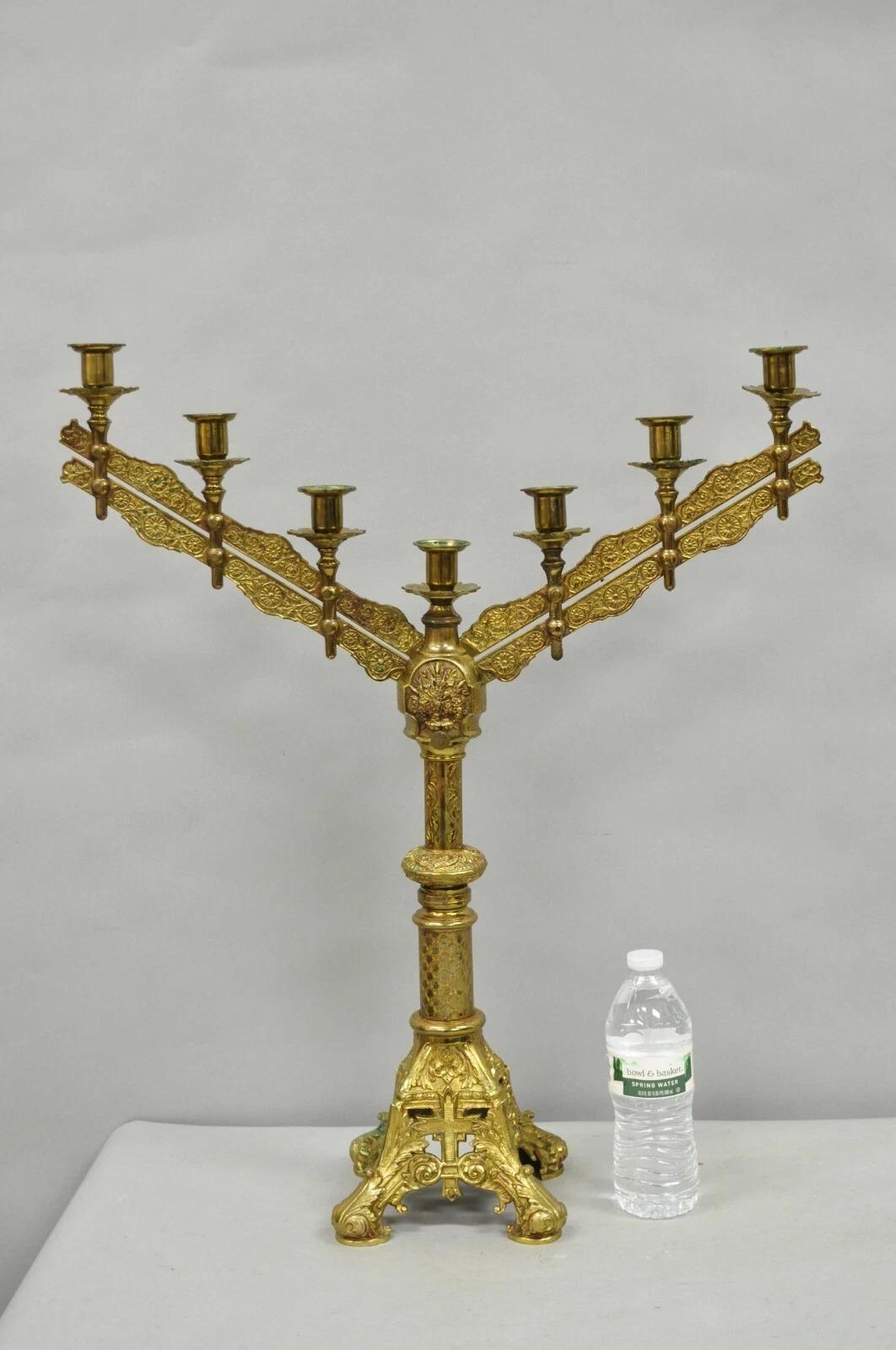 Antique French Renaissance Gothic Bronze 7 Arm Adjustable Candelabras - a Pair. Arms and height are adjustable. Circa Early 20th Century. Measurements: 20.5