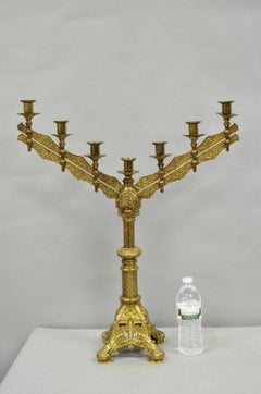 Antique French Renaissance Gothic Bronce 7 Arm Adjustable Candelabras - a Pair