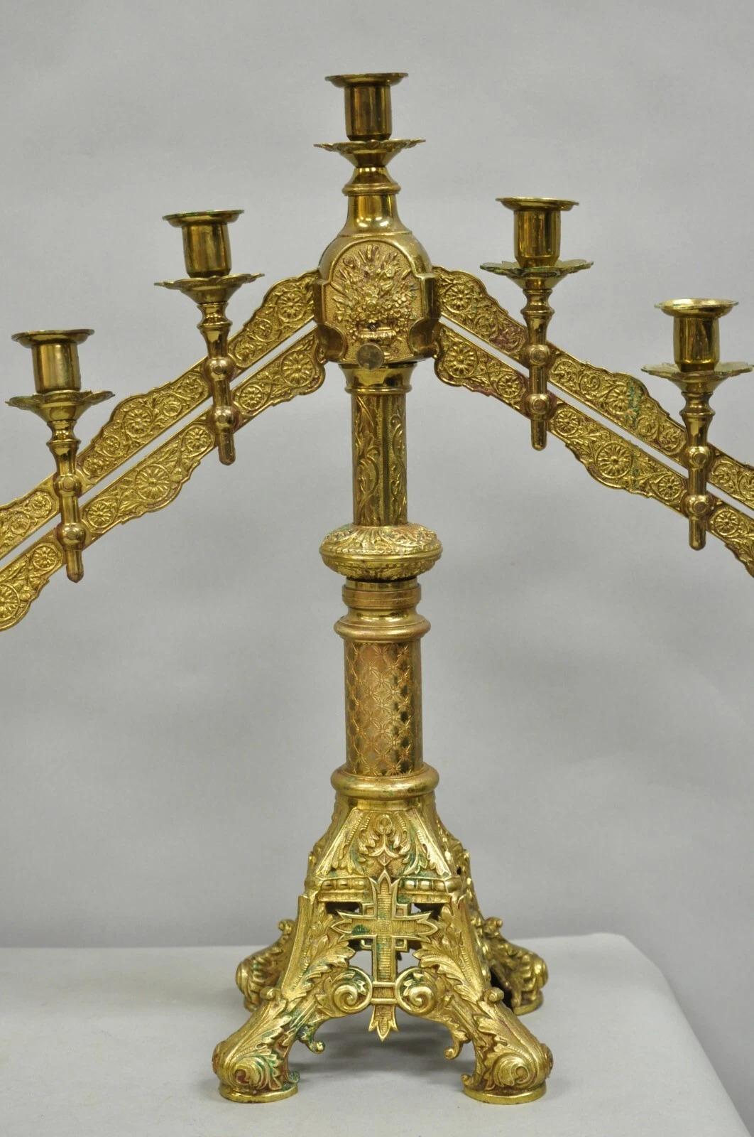 Unknown Antique French Renaissance Gothic Bronze 7 Arm Adjustable Candelabras - a Pair For Sale