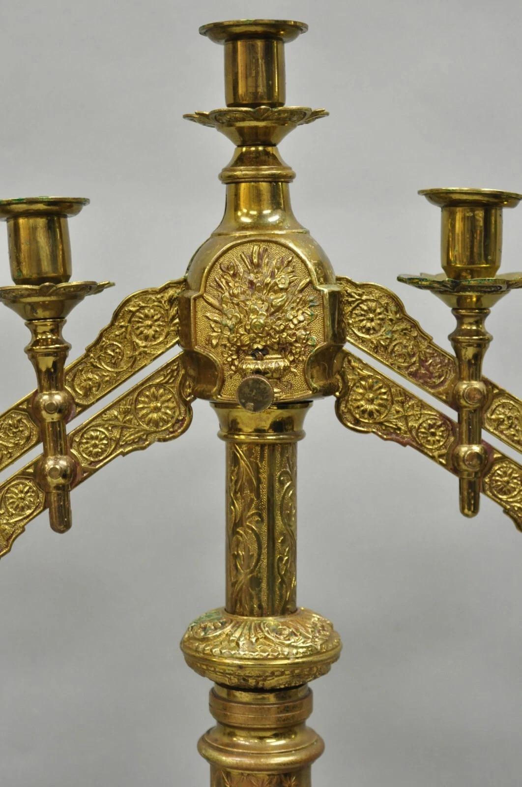 Antique French Renaissance Gothic Bronze 7 Arm Adjustable Candelabras - a Pair For Sale 1