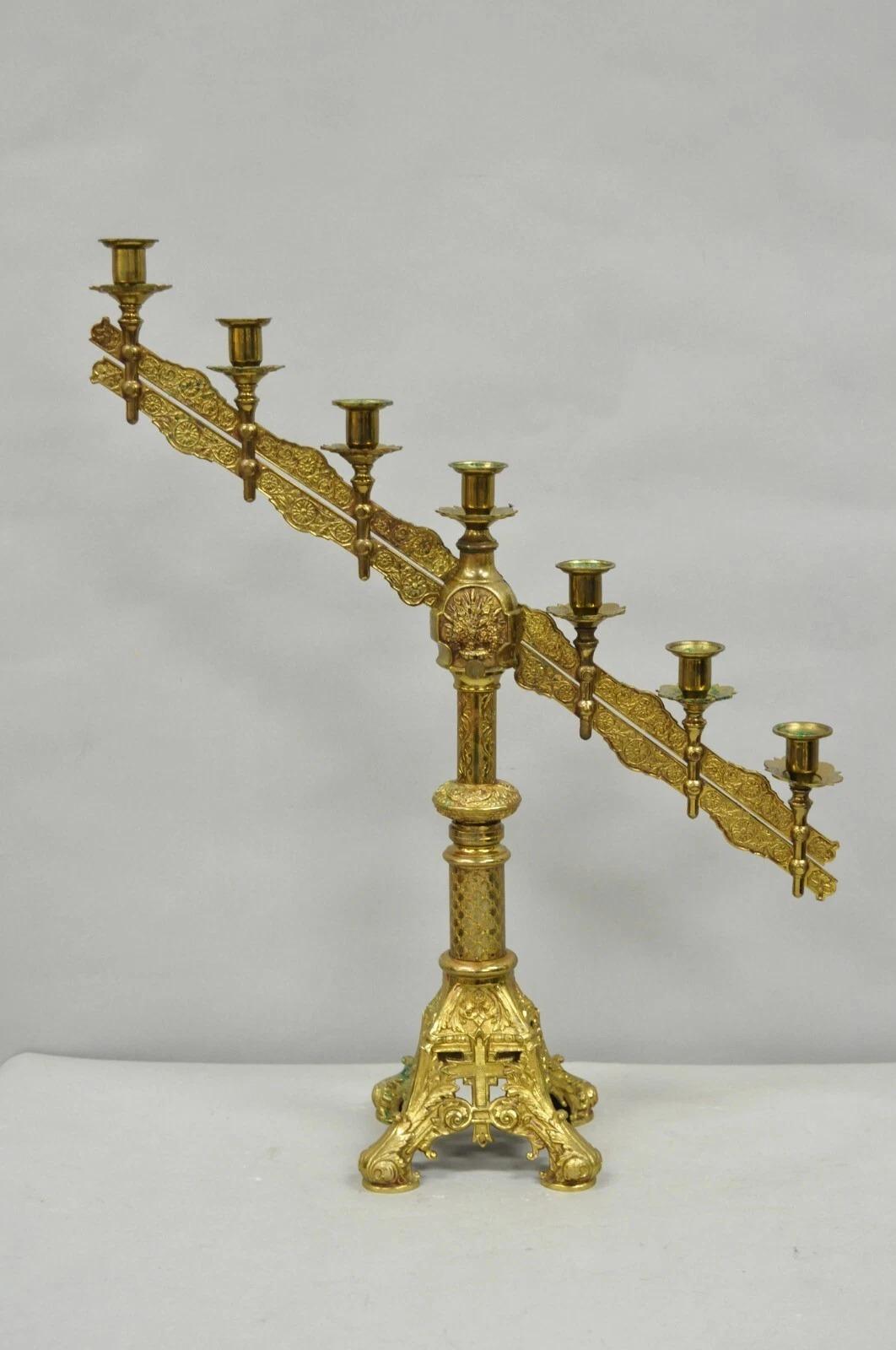 Antique French Renaissance Gothic Bronze 7 Arm Adjustable Candelabras - a Pair For Sale 3