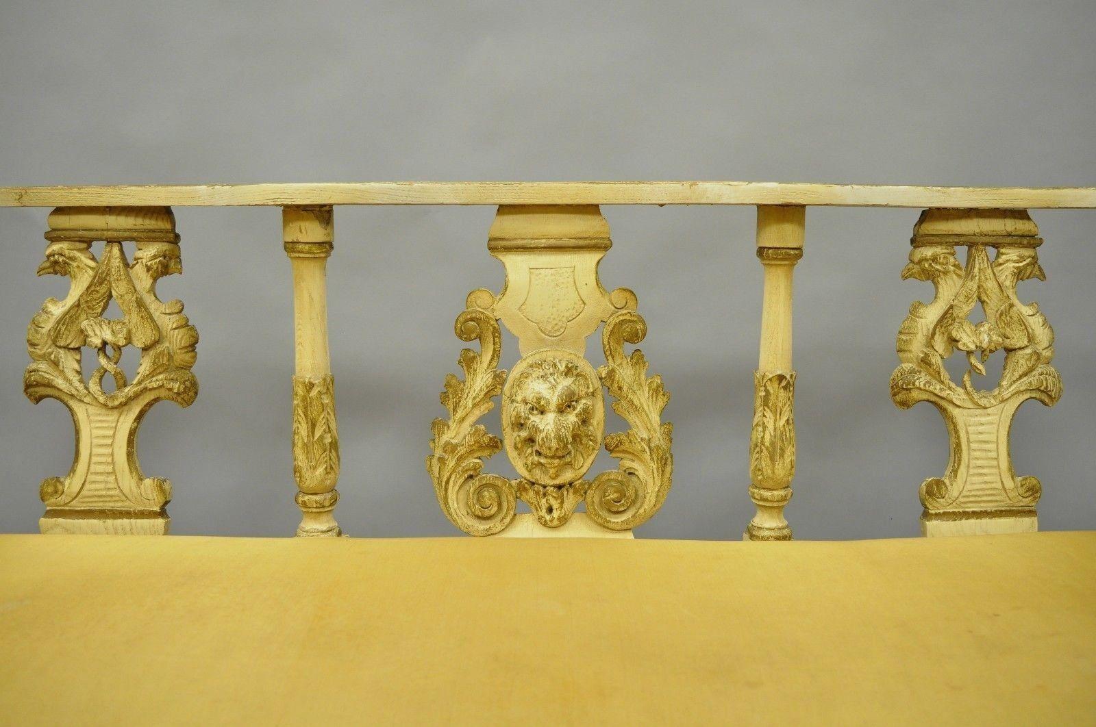 European Antique French Renaissance Gothic Carved Distress Painted Settee Bench Empire