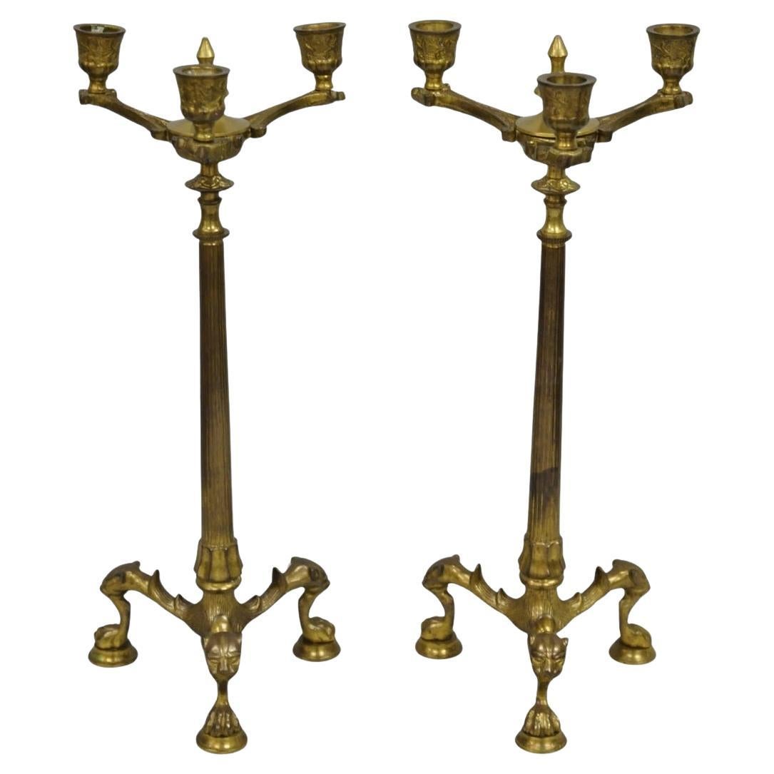 Antique French Renaissance Gothic Figural Brass 16" Candelabro c/ Leones - a Pair