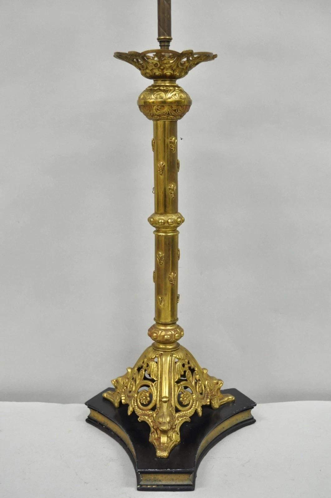 Inconnu Antique French Renaissance Gothic Figural Brass Candlestick Column Table Lamp en vente