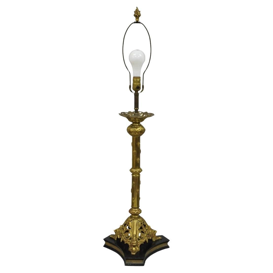 Antique French Renaissance Gothic Figural Brass Candlestick Column Table Lamp