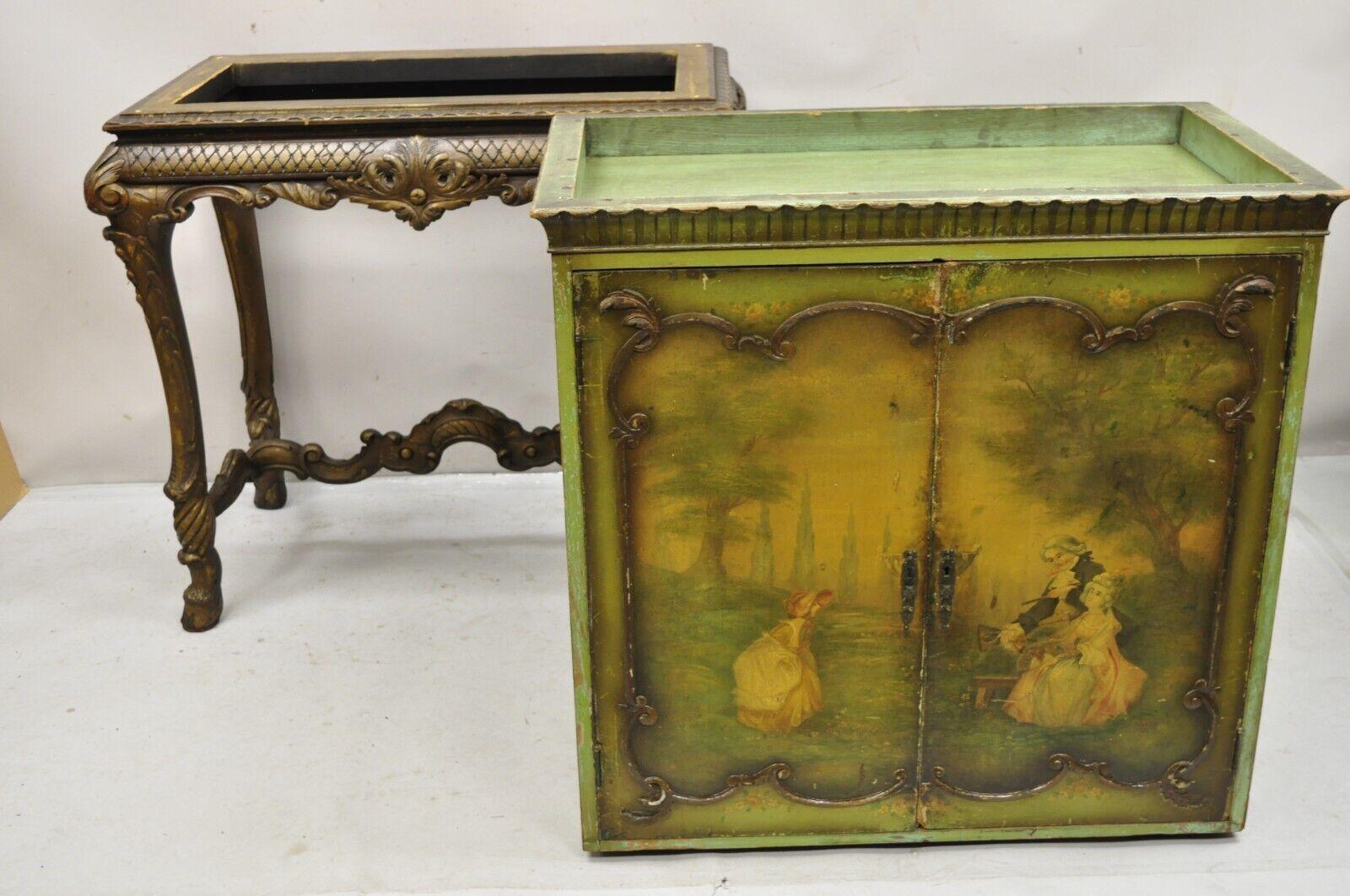 Antique French Renaissance Green Distress Painted Radio Cabinet Bar Cupboard For Sale 4