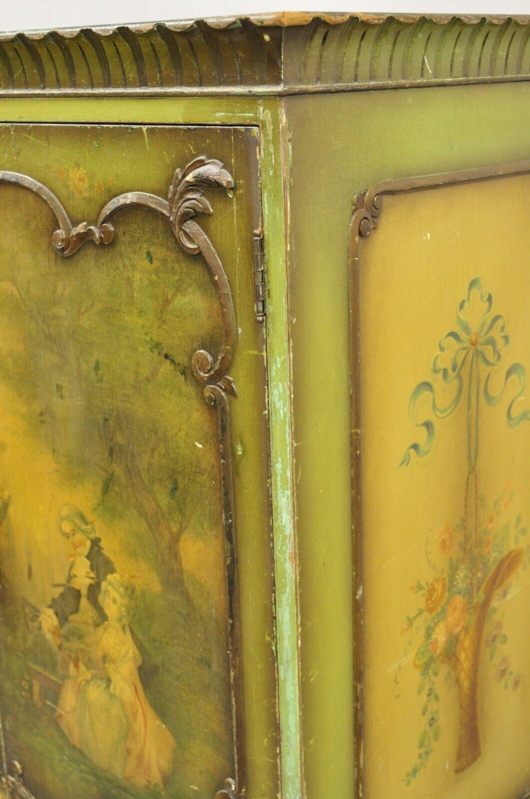 Antique French Renaissance Green Distress Painted Radio Cabinet Bar Cupboard For Sale 6