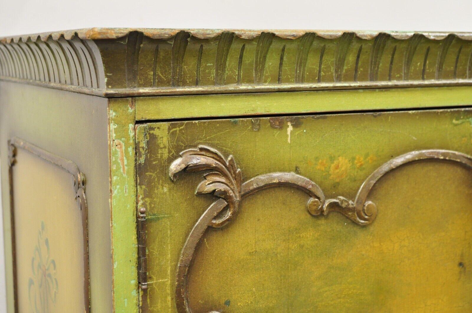 Antique French Renaissance Green Distress Painted Radio Cabinet Bar Cupboard For Sale 8