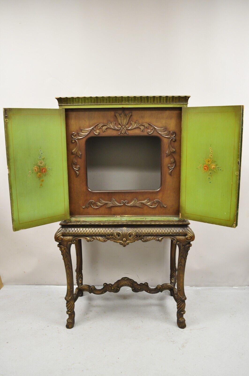 Antique French Renaissance Green Distress Painted Radio Cabinet Bar Cupboard In Good Condition For Sale In Philadelphia, PA