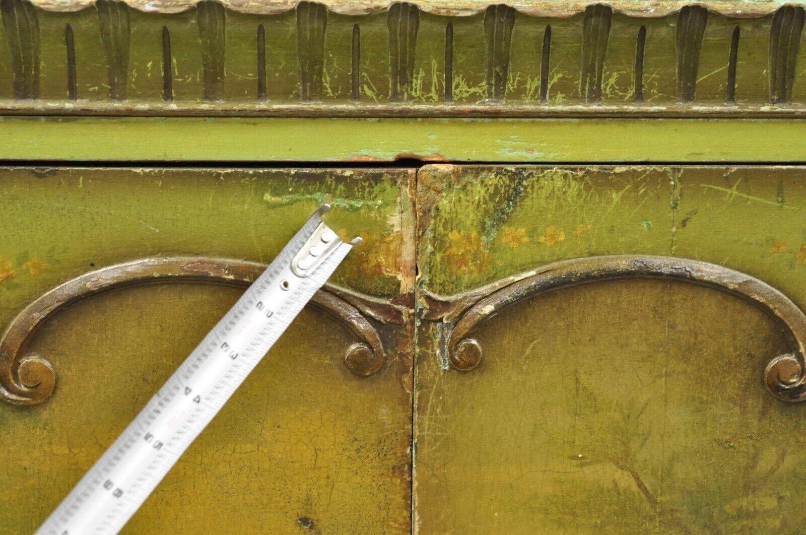 Early 20th Century Antique French Renaissance Green Distress Painted Radio Cabinet Bar Cupboard For Sale