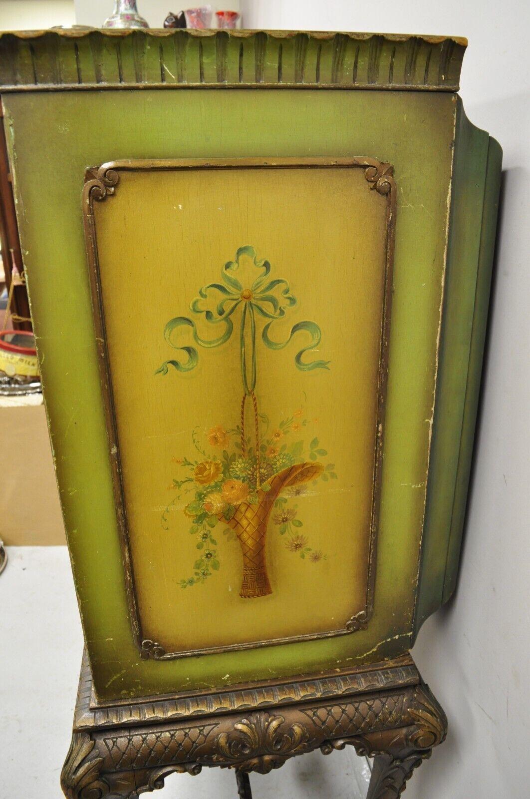 Antique French Renaissance Green Distress Painted Radio Cabinet Bar Cupboard For Sale 2