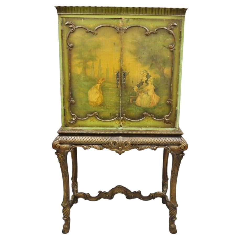 Antique French Renaissance Green Distress Painted Radio Cabinet Bar Cupboard For Sale